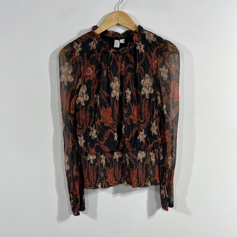 Joie Dark Floral Renfair Boho Cottagecore Smocked Top Ruffle Neck Black Large